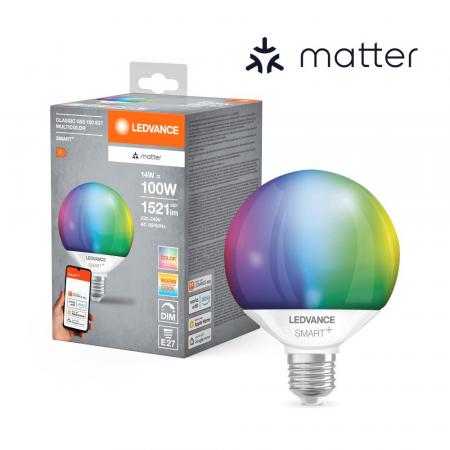 Ledvance E27 SMART+ MATTER Globe 95 LED-Lampe, kompatibel mit Google, Alexa, Apple 4,8W Multicolor 2700-6500K